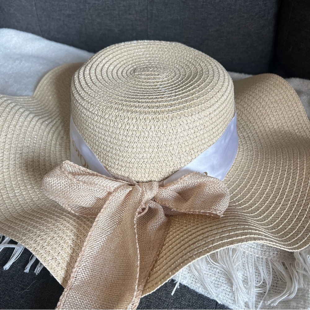 Elegant Cream Sun Hat with Dior Ribbon